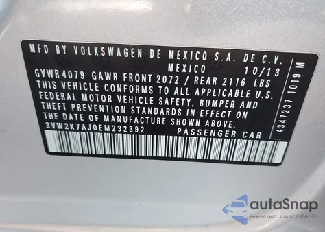 2014 Volkswagen Jetta 2.0L S из США, поврежденный, VIN 3VW2K7AJ0EM232392